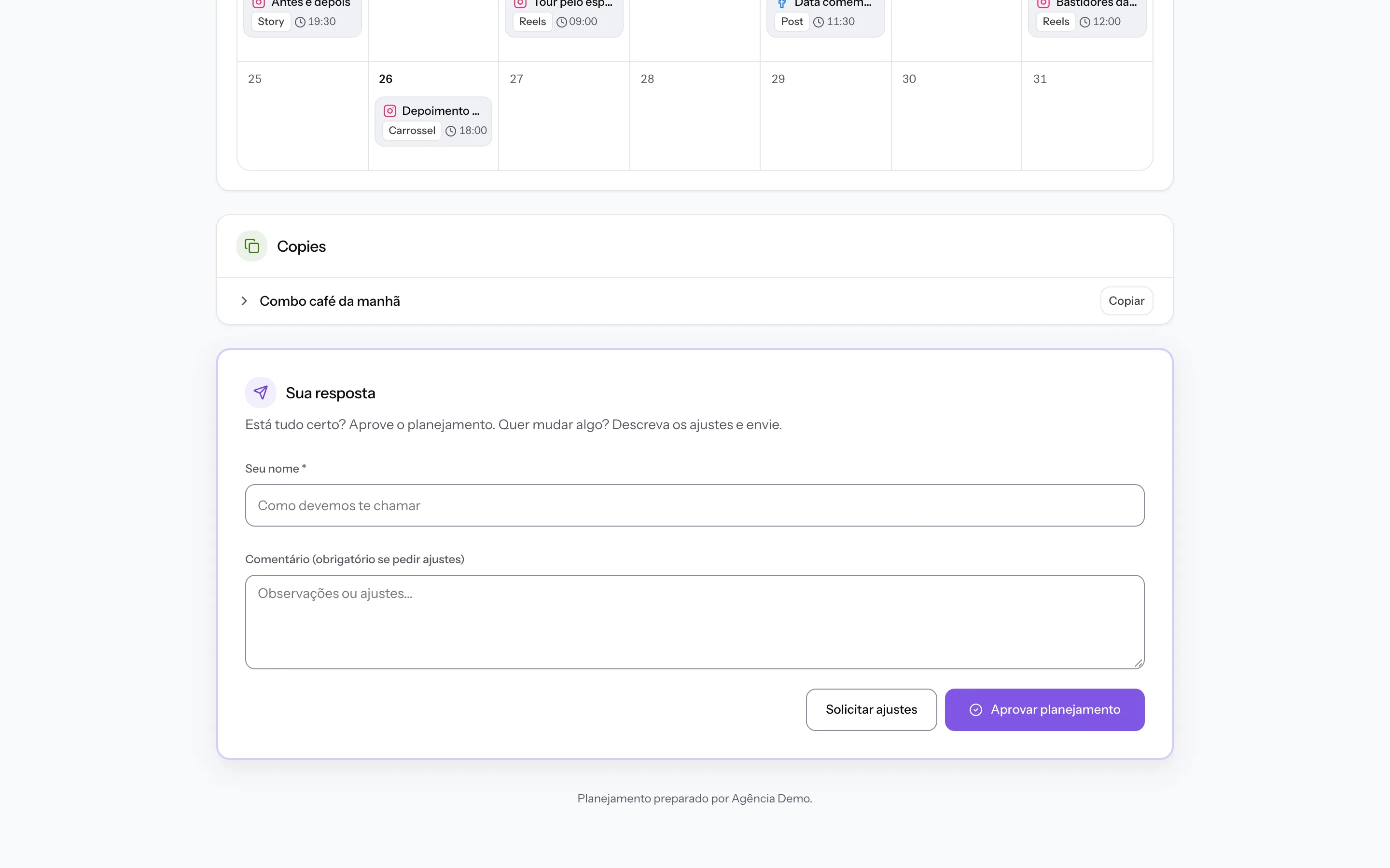 Portal do cliente com o planejamento do mês